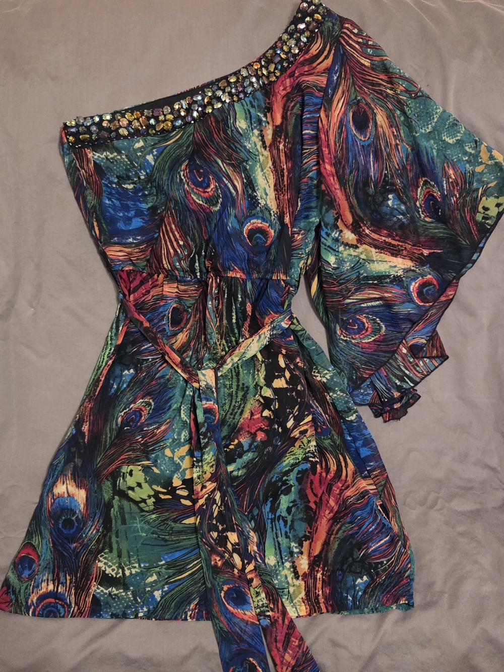 One-Shoulder Bisou Bisou Peacock Print Mini Dress with Embellished Neckline
